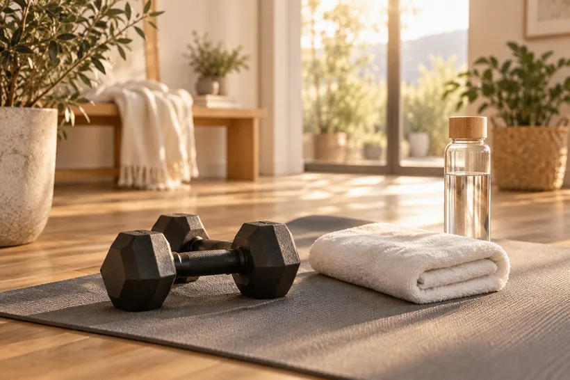 瑜珈墊上的啞鈴與毛巾（示意圖）